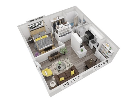 Floor plan for 1 bed, 1 bath, 540 sqft